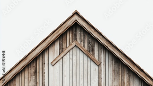 Gable end of a wooden building with triangle detail against a bright white background