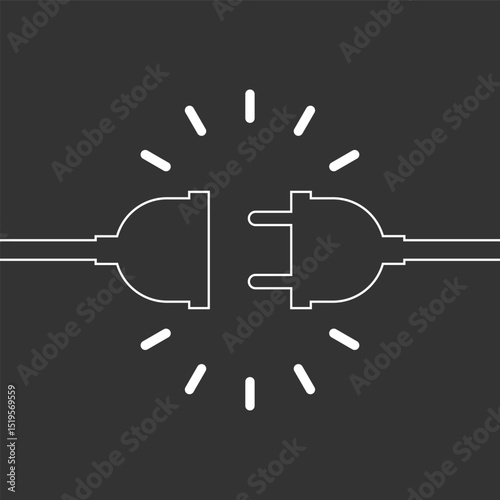 Electric socket and plug graphic icon. Electricity connection or disconnection sign isolated on black background. Vector illustration