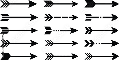 A collection of eighteen black arrow illustrations in various styles on a white background pattern