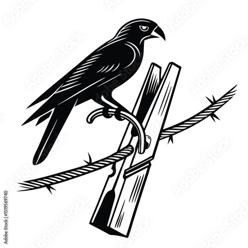 Stylized Black Bird Perched on a Clothespin with Barbed Wire Illustration