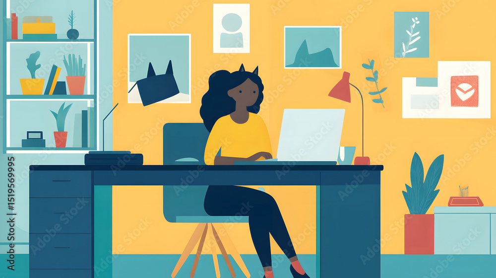 Fototapeta premium A woman working on a laptop in a cozy home office with colorful decor and plants around her