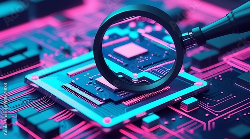 Magnifying glass on futuristic circuit board