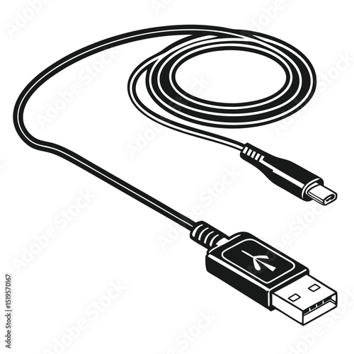 Isolated USB cable with black plugs on a white background, representing modern computer connection technology
