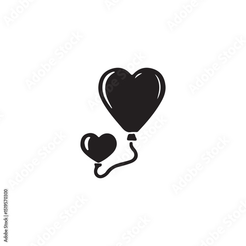 Two heart-shaped balloons, a symbol of love and celebration.Simple, black and white illustration of two heart-shaped balloons.