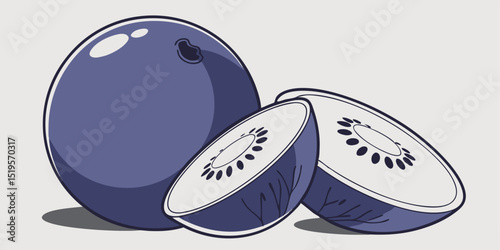 A stylized illustration of a whole and two halved dark purple kiwifruits