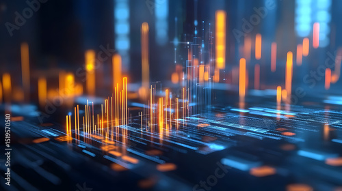 Abstract digital data visualization with glowing bars and lines representing analytics in a tech environment