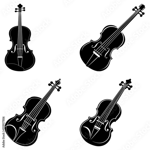Four elegant black and white violin illustrations arranged in a simple graphic composition design