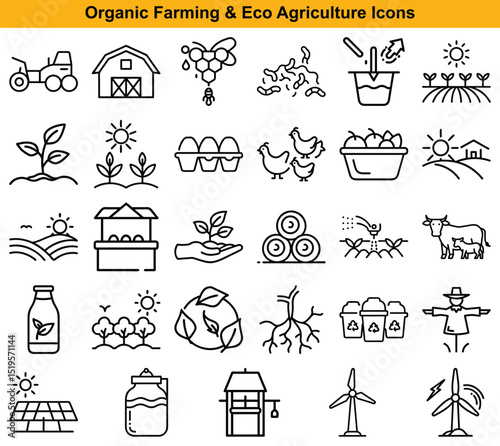 Organic Farming and Eco Agriculture Outline Icon Set Featuring Crops, Animals, and Green Energy