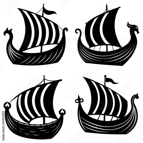 Collection of four black silhouette viking ships with striped sails on a white background design art