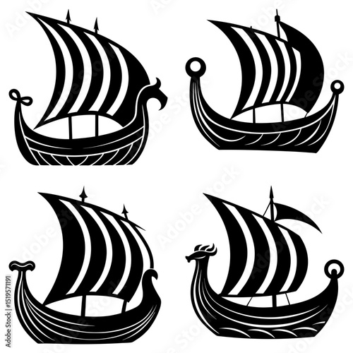 Collection of four black and white viking ship illustrations with sails and dragon head prow designs