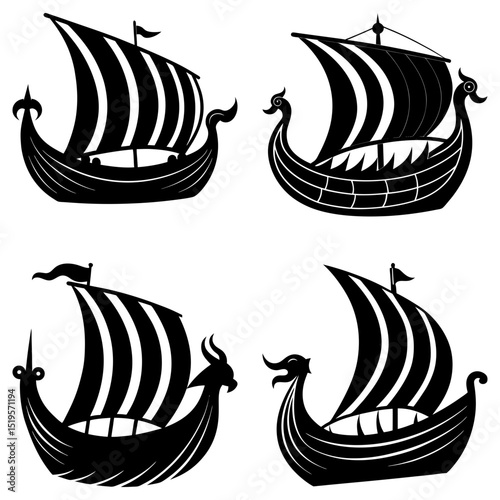 Four viking ships with striped sails and decorative prows in black silhouette on a white background