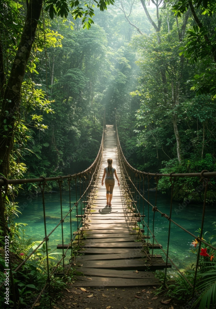 Fototapeta premium Woman Trekking Across Rustic Suspension Bridge in Lush Green Jungle