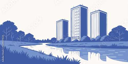 Serene Cityscape: A tranquil river flows gently through a lush green landscape, with towering buildings standing in the background, creating a picturesque urban scene.