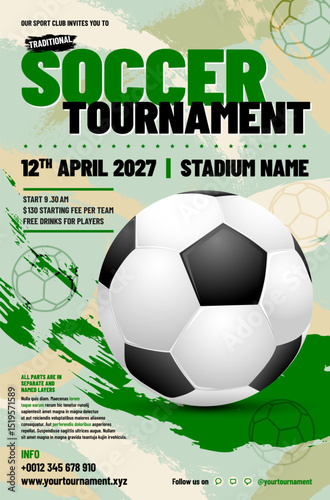Soccer or football Tournament Invitation Flyer with ball and sample text