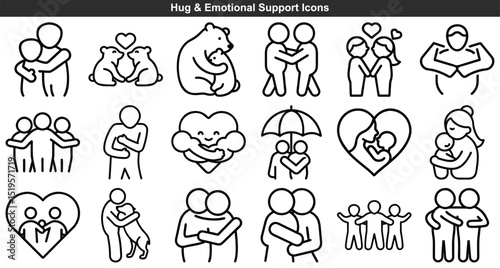 Outline Icon Set Showcasing Different Forms of Hugs and Emotional Support