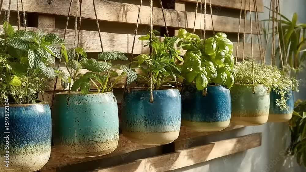 Hanging herb garden with vibrant pots on wooden wall