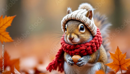 Cute squirrel in hat and scarf holding a nut in paws, sitting in autumn park. Concept of wildlife and seasonal coziness.