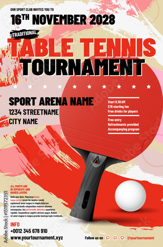 Table tennis Tournament Invitation Flyer with ball, racket and sample text
