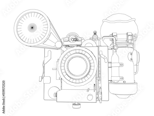 Steampunk - inspired camera with intricate mechanical details and blend of industrial and vintage aesthetics. It features circular components, gears, a prominent lens, and a retro - futuristic design