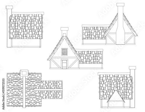 The image is a series of drawings of a house with a stone roof. The drawings are all in black and white and show different angles of the house. Scene is one of simplicity and elegance
