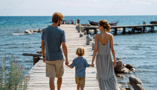 Family Strolling by Water on Sunny Day