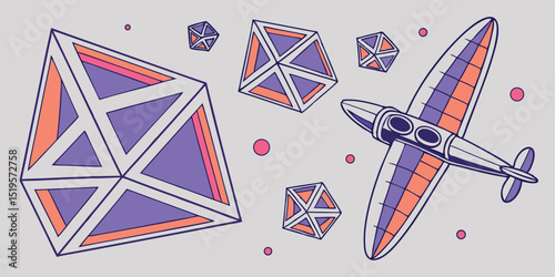 Abstract geometric shapes and a vintage airplane soar through a pastel dreamscape, creating a surreal and whimsical scene.