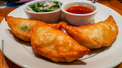 pan fried dumplings with dipping sauce photo