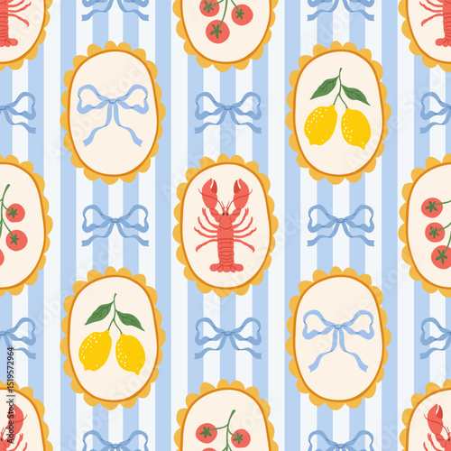 Vintage seamless pattern with lobster, bows, yellow lemons, tomato in decorative frames striped blue background. Summer mediterranean print. Italian vacation vibe. Vector hand drawn illustration.