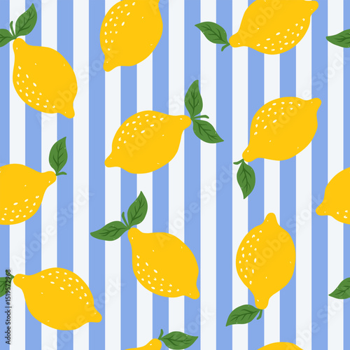 Vintage seamless pattern with yellow lemons and striped blue background. Summer mediterranean print. Italian vacation vibe. Vector hand drawn illustration for fabric, wrapping paper.