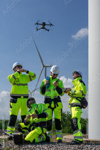 Maintenance engineer team standing at windmills at wind turbine farm. Group of people wear safety helmet and uniform working at alternative renewable energy wind station. Sustainable energy technology