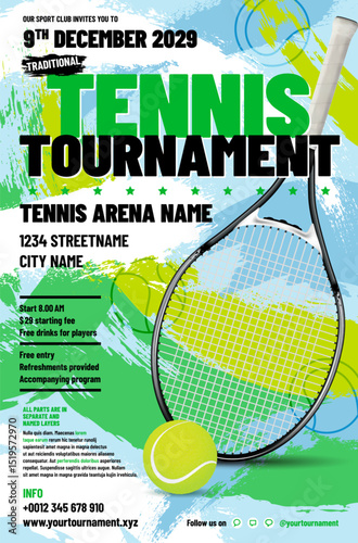 Tennis Tournament Invitation Flyer with ball, racket and sample text