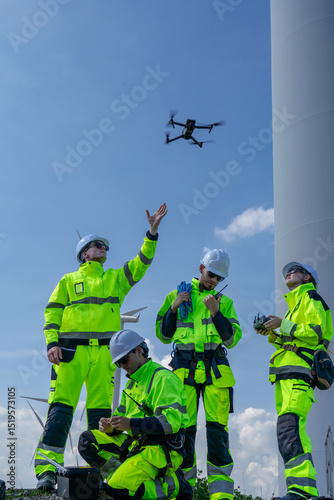 Maintenance engineer team standing at windmills at wind turbine farm. Group of people wear safety helmet and uniform working at alternative renewable energy wind station. Sustainable energy technology