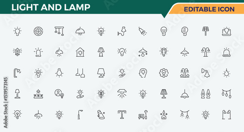 Light And Lamp icon set. Contains such icons as bulb, lightbulb, illumination, idea, lamp and more. Idea icon. Thin web icons. Editable stroke. Vector collection.