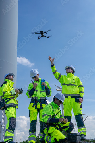 Maintenance engineer team standing at windmills at wind turbine farm. Group of people wear safety helmet and uniform working at alternative renewable energy wind station. Sustainable energy technology