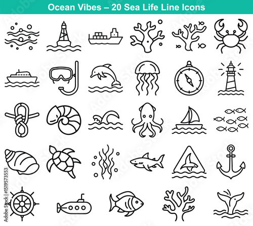 Sea Life Icons Collection Marine Animals, Vessels, and Nautical Elements Outline Style