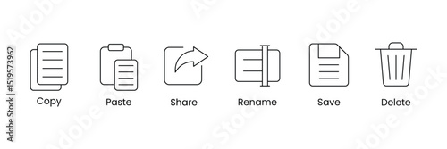 Set of liner copy, paste, rename, share, save and delete icon collection. tool bar icon symbol.