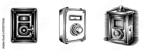 set of vintage fire alarm box , antique emergency call station vector illustrations for fire safety and historical alert systems
