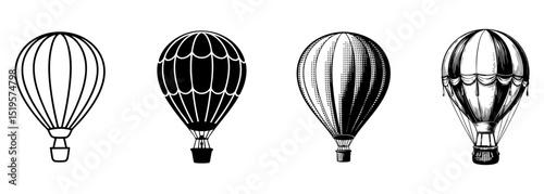 set of vintage hot air balloon vector illustrations, travel and recreational flight