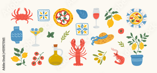 Summer mediterranean vacation illustration set. Italian holiday elements. Hand drawn lemons, seafood, lobster, pasta, olive, pizza, tile. Coastal collection for card, prints, wedding invitation.
