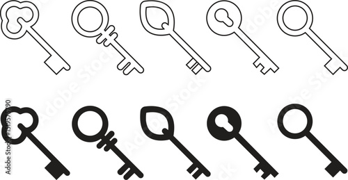 Key icon symbol flat and line style set. Door or house key to unlock lock collection. Security system concept represented by outline and silhouette key sign group