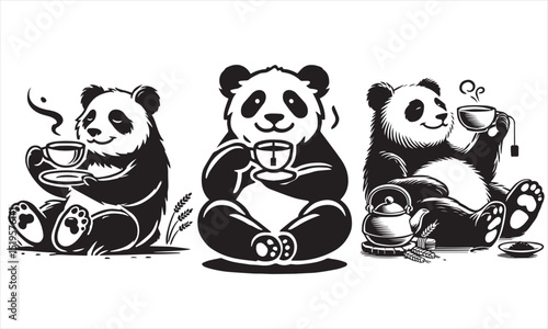 Relaxing Panda with coffee silhouette Vector