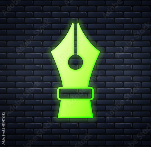Glowing neon Fountain pen nib icon isolated on brick wall background. Pen tool sign. Vector