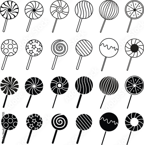 Lollipop with spiral flat and line icons set, twisted sucker candy on stick. Vector round candies with striped swirls. Hard sugar caramel, lollypop collection