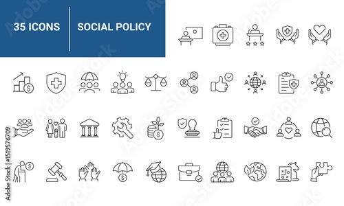 Social policy Web Icon Set in Line Style. Collection of Social services Linear Icons, Including, healthcare, family, education, protection, law, insurance, healthcare, reform and more. Editable Stroke