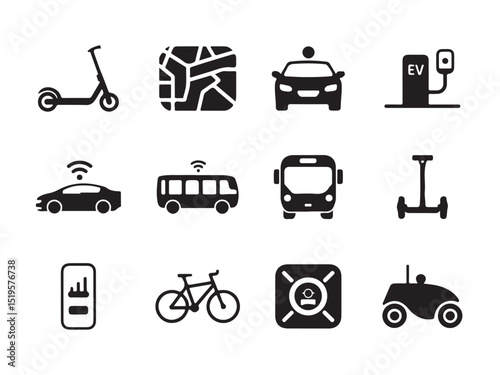 a collection of black and white icons representing various modes of modern transportation and smart city elements.