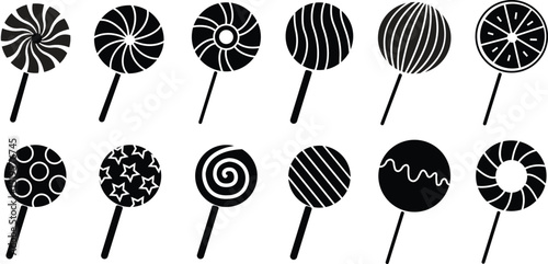 Lollipop with spiral flat icons set, twisted sucker candy on stick. Vector round candies with striped swirls. Hard sugar caramel, lollypop collection
