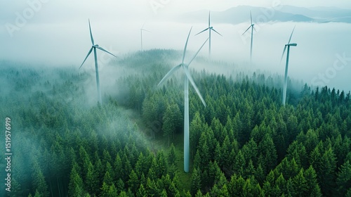 Aerial view of wind turbines in a foggy green forest, emphasizing sustainable energy and environmental care.