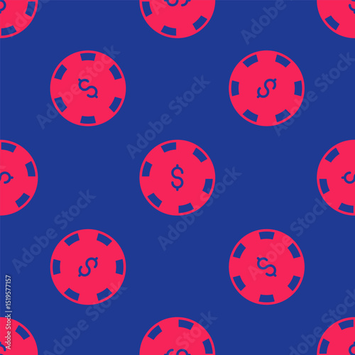 Red Casino chip with dollar symbol icon isolated seamless pattern on blue background. Casino gambling. Vector