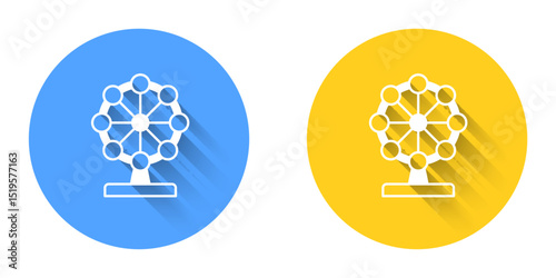 White Ferris wheel icon isolated with long shadow background. Amusement park. Childrens entertainment playground, recreation park. Circle button. Vector