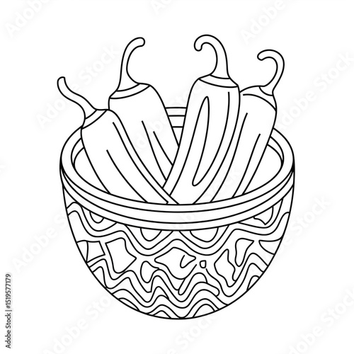 A black and white chilli peppers illustration line art of a coloring page 